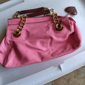 Juicy Couture Leather Satchel Bubble Gum Pink Bag Chunky Antiqued Gold Chain